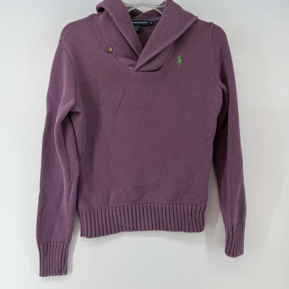 Ralph Lauren Sport Purple Shawl Collar Sweater 100% Cotton Pony Logo Womens M